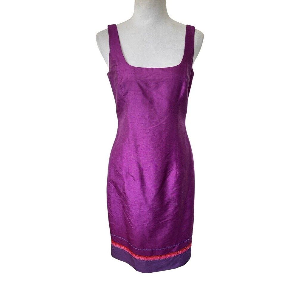 Ann Taylor Magenta Pink Silk Shantung Party Cocktail Workwear Bead Trim Sheath 2